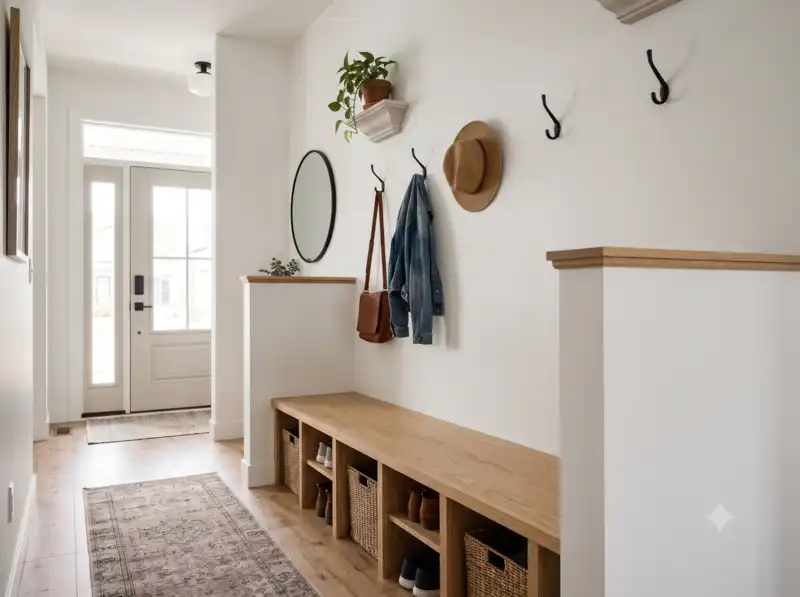 Am&eacute;nagement d'entr&eacute;e avec une demi-cloison et une banquette de rangement int&eacute;gr&eacute;e en bois