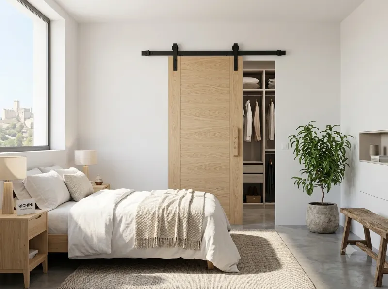 Syst&egrave;me de porte coulissante en applique avec rail noir industriel