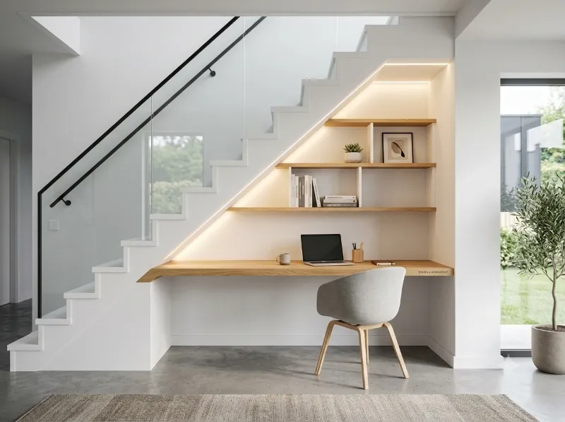 Bureau minimaliste en bois sur mesure int&eacute;gr&eacute; sous un escalier moderne avec &eacute;clairage LED chaleureux