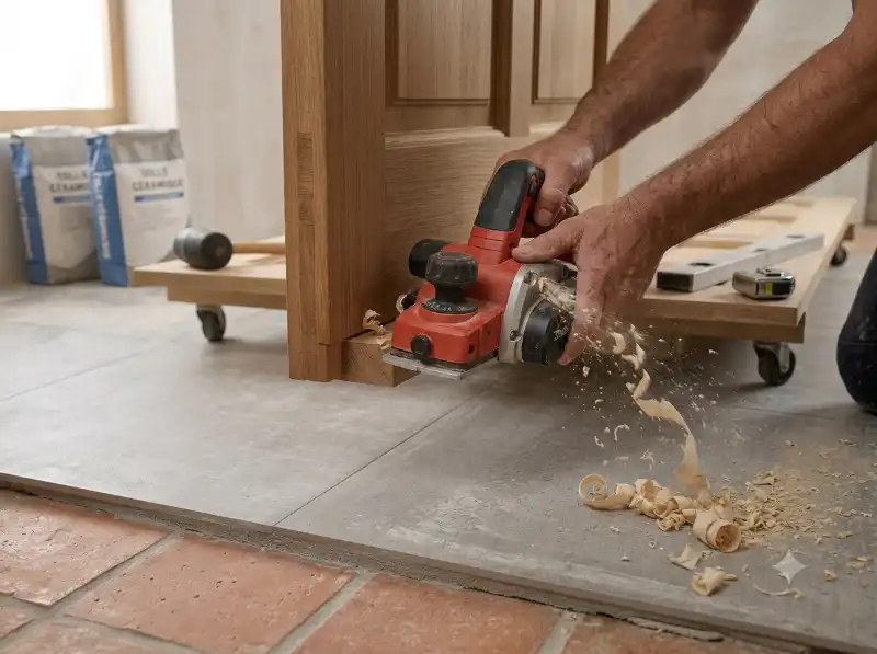 Rabotage de porte suite &agrave; sur&eacute;paisseur carrelage