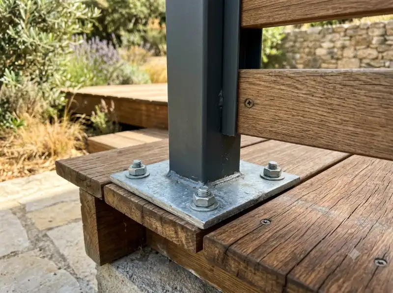 Fixation de poteau de claustra sur structure de terrasse &agrave; Mont&eacute;limar