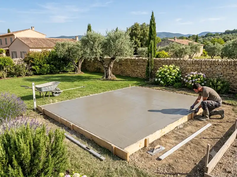 Coulage d'une dalle en b&eacute;ton pour abri de jardin &agrave; Mont&eacute;limar