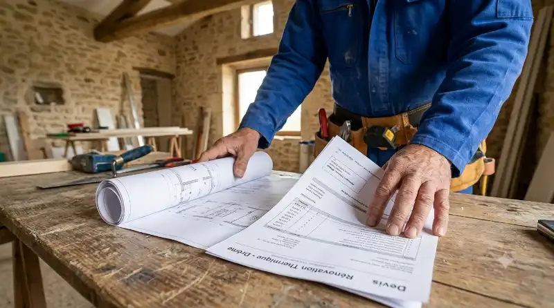 Artisan du b&acirc;timent pr&eacute;parant un devis de travaux de r&eacute;novation conforme PTZ &agrave; Mont&eacute;limar