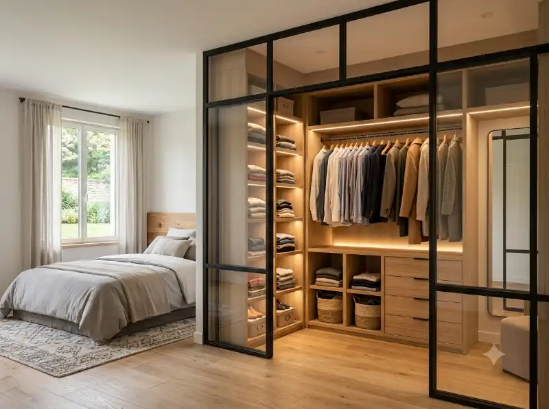 Agencement d un dressing ouvert sur mesure en bois clair