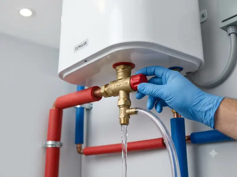 Inspection et manipulation du groupe de s&eacute;curit&eacute; sous un chauffe-eau &eacute;lectrique