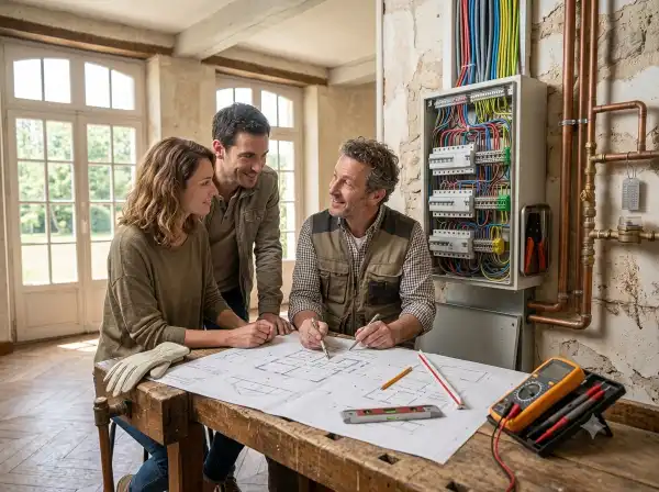 Artisan analysant un plan de renovation avec un couple d'acheteurs