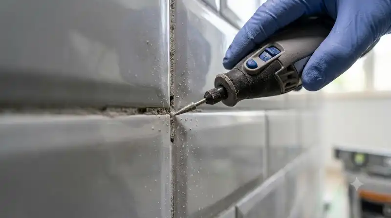 Grattage des anciens joints de carrelage d&eacute;fectueux