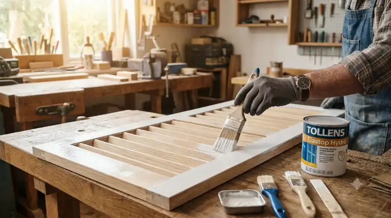 Application soign&eacute;e d'une peinture microporeuse sur volet en bois &agrave; Mont&eacute;limar