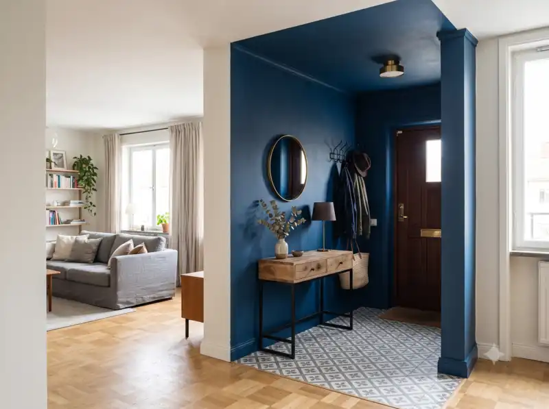Coin entr&eacute;e d&eacute;limit&eacute; visuellement par une peinture bleu nuit uniforme sur les murs et le plafond