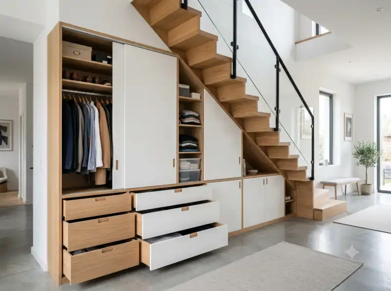 Am&eacute;nagement sur mesure sous escalier avec dressing et tiroirs en bois clair