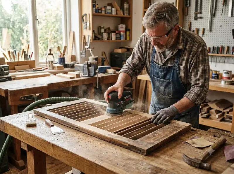 Pon&ccedil;age minutieux d'un volet en bois dans un atelier &agrave; Mont&eacute;limar