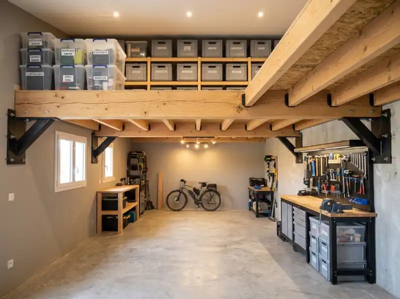 Plateforme mezzanine de garage am&eacute;nag&eacute;e avec bacs de rangement dans la Dr&ocirc;me