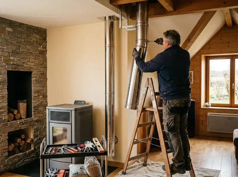 R&eacute;novation conduit de chemin&eacute;e pour po&ecirc;le &agrave; granul&eacute;s &agrave; Mont&eacute;limar