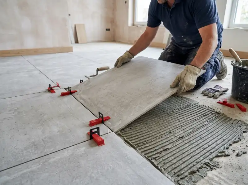 Pose de carrelage gr&egrave;s c&eacute;rame grand format dans une pi&egrave;ce de vie &agrave; Mont&eacute;limar