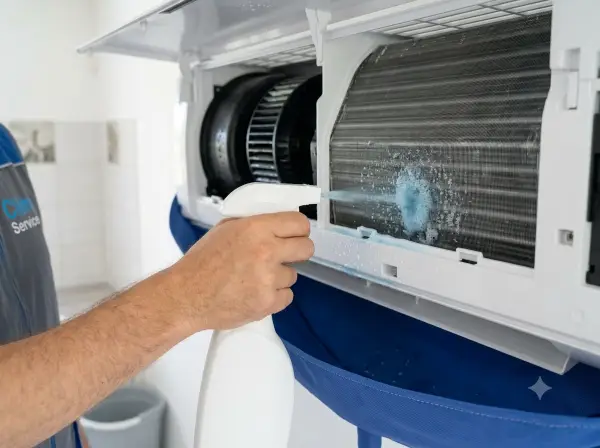 Pulv&eacute;risation du produit nettoyant et rin&ccedil;age de la clim