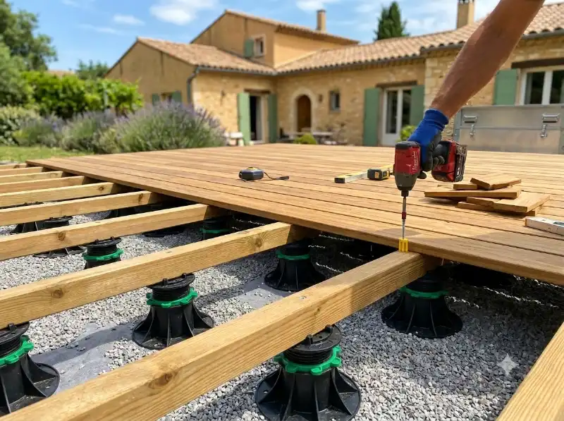 Terrasse autoport&eacute;e sur plots r&eacute;glables et lambourdes &agrave; Mont&eacute;limar
