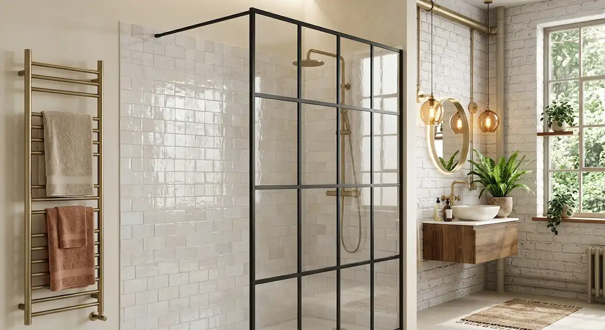 Inspiration salle de bain style industriel avec profilés noir mat et faïence métro