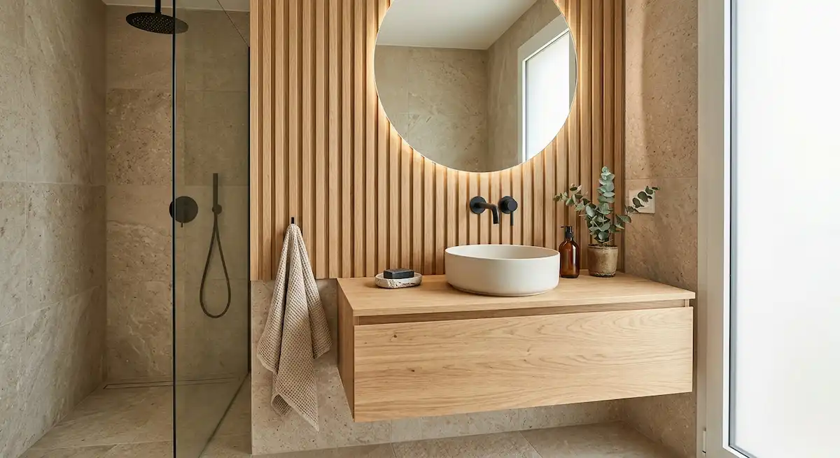 Inspiration salle de bain style Japandi avec bois et faïence beige à Montélimar