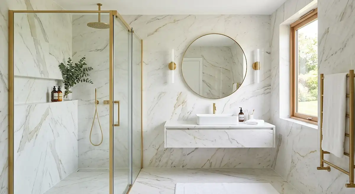Inspiration salle de bain effet marbre calacatta et robinetterie laiton doré