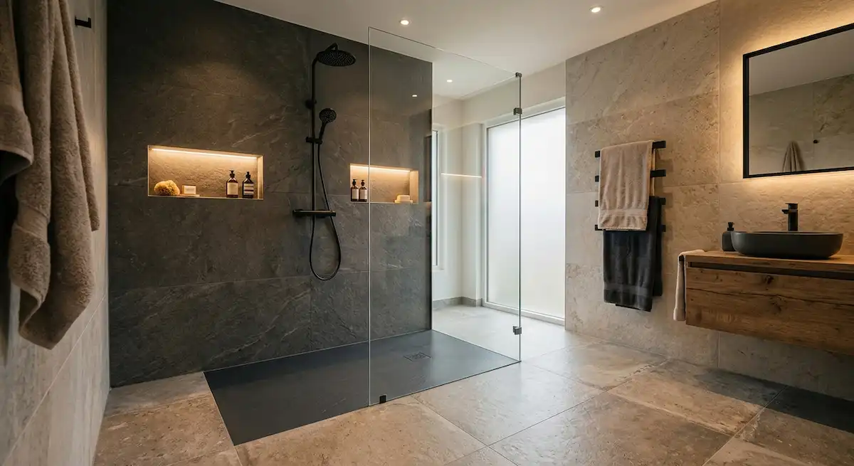 Inspiration salle de bain minérale effet pierre brute et douche à l'italienne