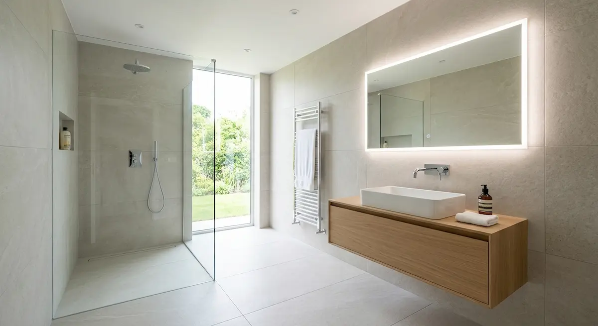 Inspiration salle de bain minimaliste et épurée avec grand carrelage à Montélimar