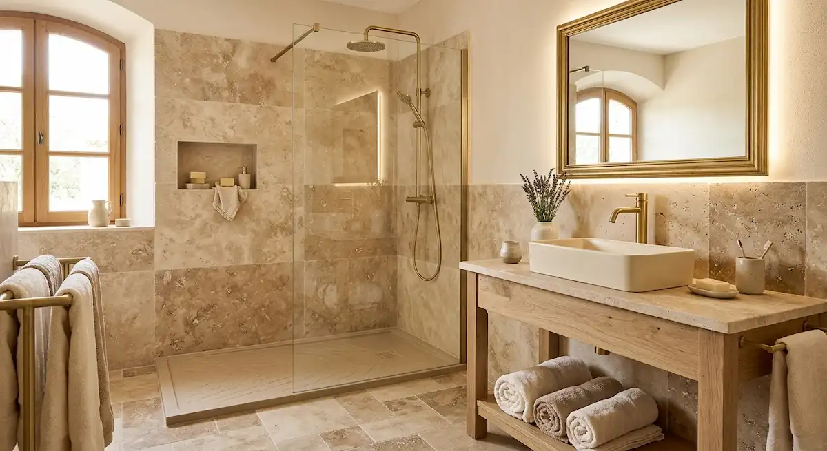 Inspiration salle de bain travertin beige et ambiance provençale